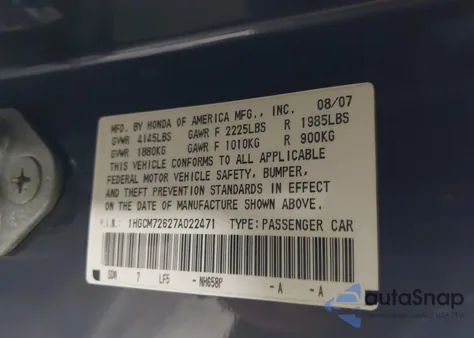 2007 Honda Accord 2.4 Ex from USA, damaged, VIN 1HGCM72627A022471